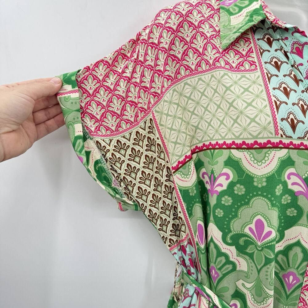 Umgee Patchwork Mixed Print Midi Dress Sz M Pink Green Floral Boho Beachy Artsy - Picture 6 of 15